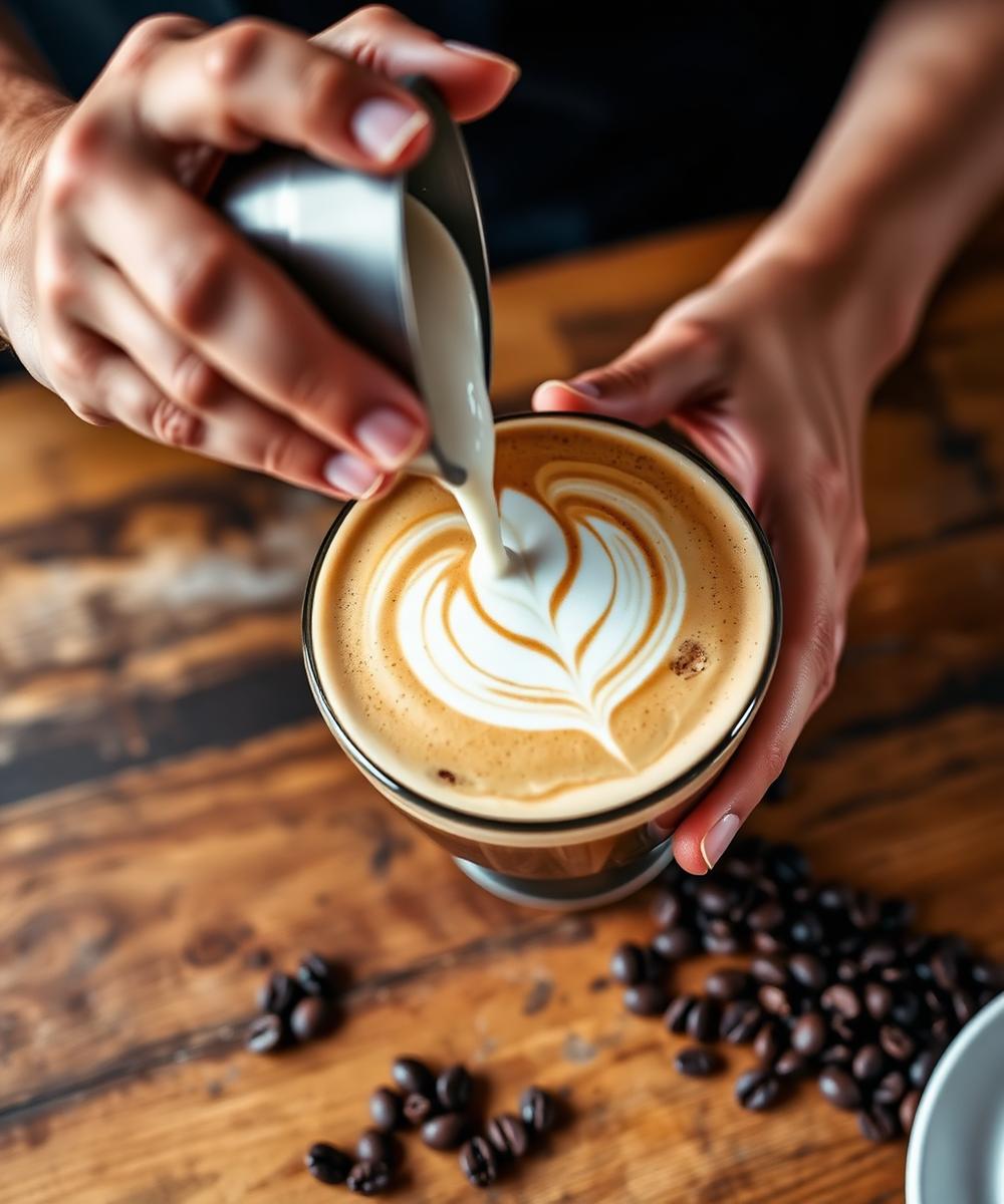 Barista pouring milk to create latte art at Brew and Bloom